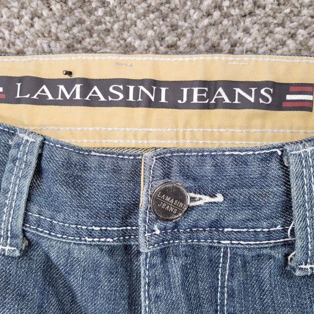 Lamasini Mens Straight Leg Jeans 36x32 Blue Denim Contrast Stitch Distressed